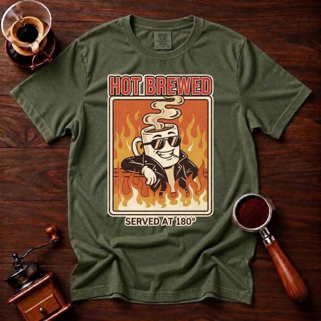 Hot Brewed Shirt, Retro Greaser Coffee Tee, Funny 70s Rock Coffee Shirt, Hot Coffee Lover Gift, Flame Rockabilly Garment Dyed T-Shirt