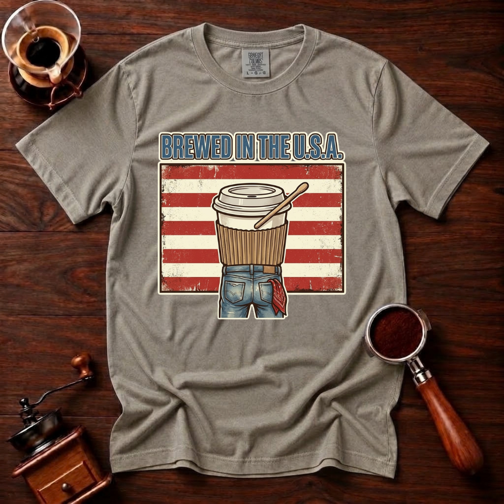 Brewed In The USA Shirt, Funny Patriotic Coffee Tee, 4th of July Coffee Shirt, American Flag Coffee Lover Gift, Retro Garment Dyed Tee
