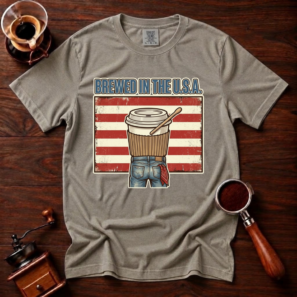Brewed In The USA Shirt, Funny Patriotic Coffee Tee, 4th of July Coffee Shirt, American Flag Coffee Lover Gift, Retro Garment Dyed Tee