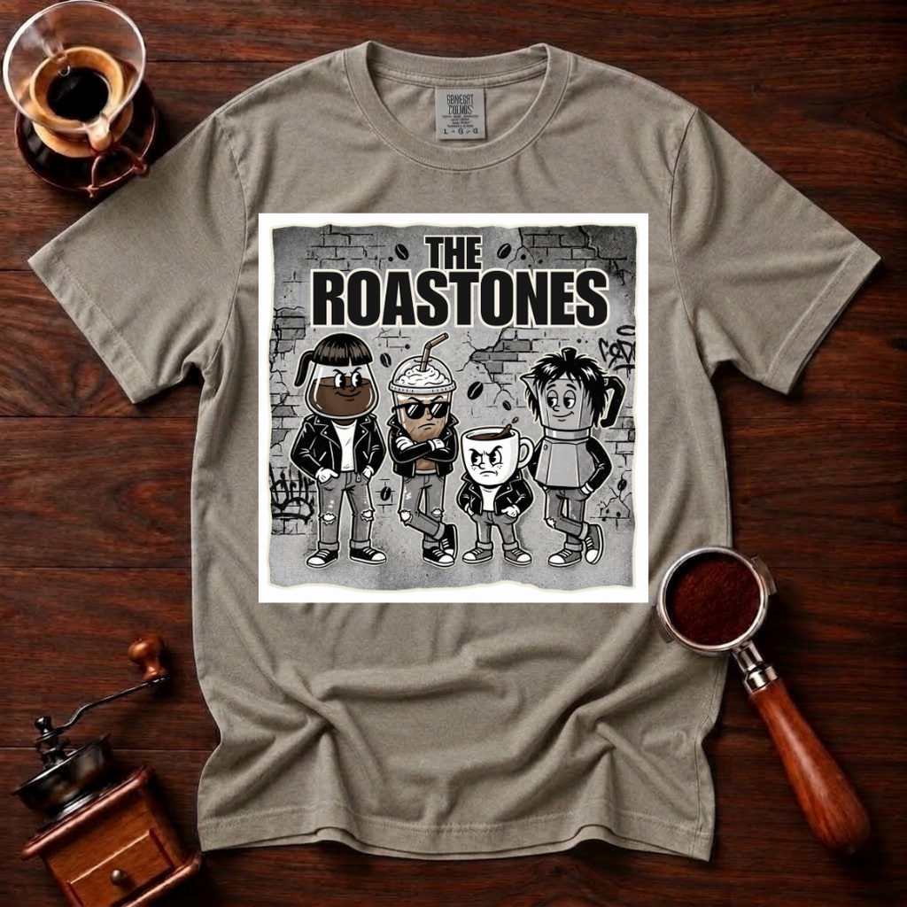 The Roastones Shirt, Funny Coffee Band Tee, Retro Punk Rock Coffee Shirt, 70s Punk Parody, Coffee Lover Gift, Garment Dyed T-Shirt