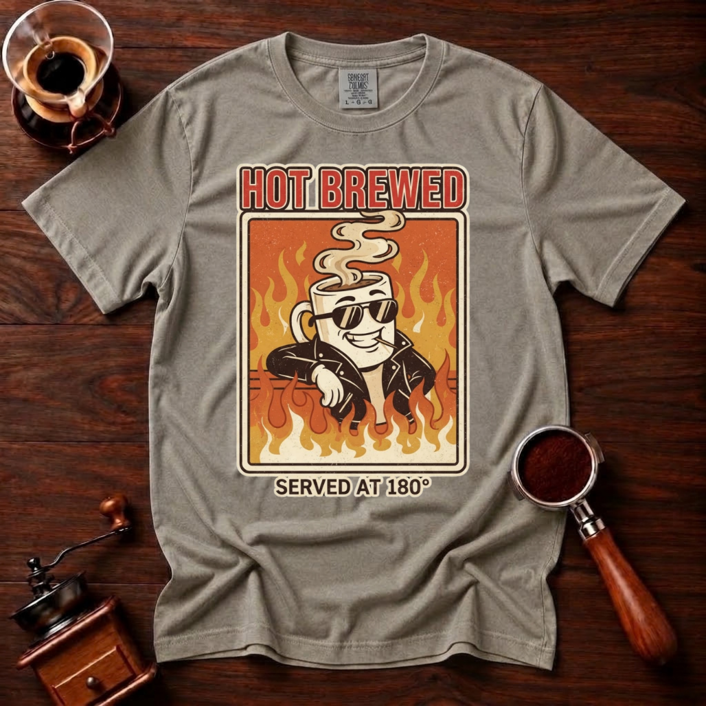 Hot Brewed Shirt, Retro Greaser Coffee Tee, Funny 70s Rock Coffee Shirt, Hot Coffee Lover Gift, Flame Rockabilly Garment Dyed T-Shirt