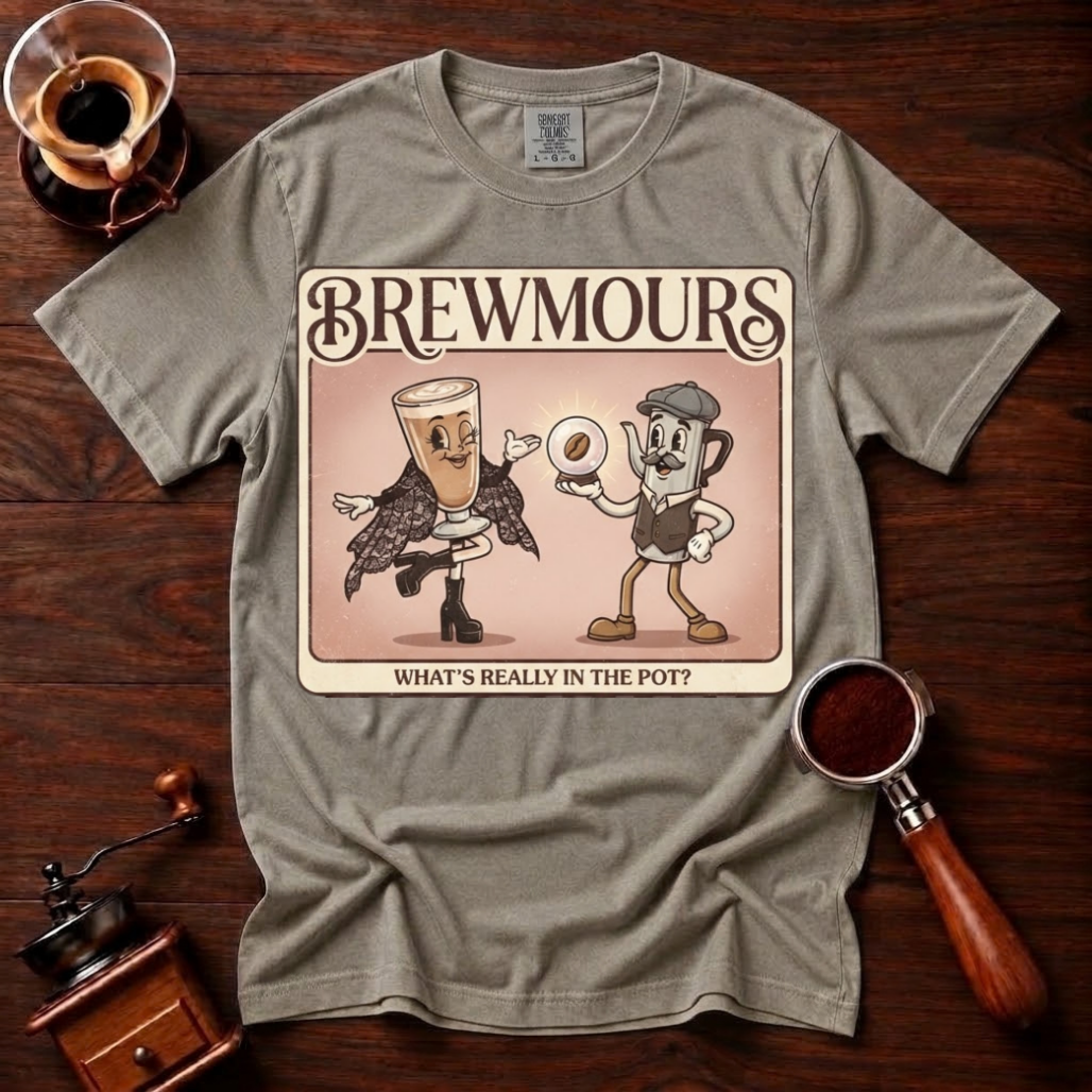 Brewmours Shirt, Retro 70s Coffee Tee, Vintage Soft Rock Album Parody Shirt, Coffee Gossip Gift, Funny Coffee Lover Garment Dyed Tee