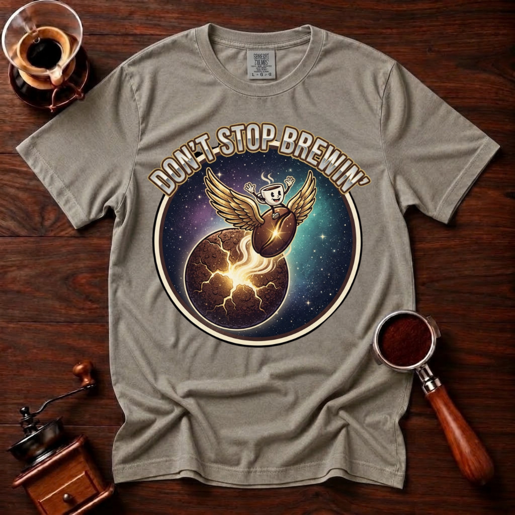 Don’t Stop Brewin’ Shirt, Retro 80s Space Rock Coffee Tee, Cosmic Coffee Shirt, Classic Rock Coffee Lover Gift, Vintage Garment Dyed Tee