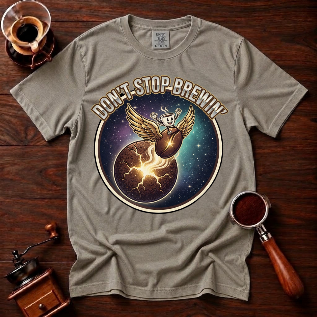 Don’t Stop Brewin’ Shirt, Retro 80s Space Rock Coffee Tee, Cosmic Coffee Shirt, Classic Rock Coffee Lover Gift, Vintage Garment Dyed Tee