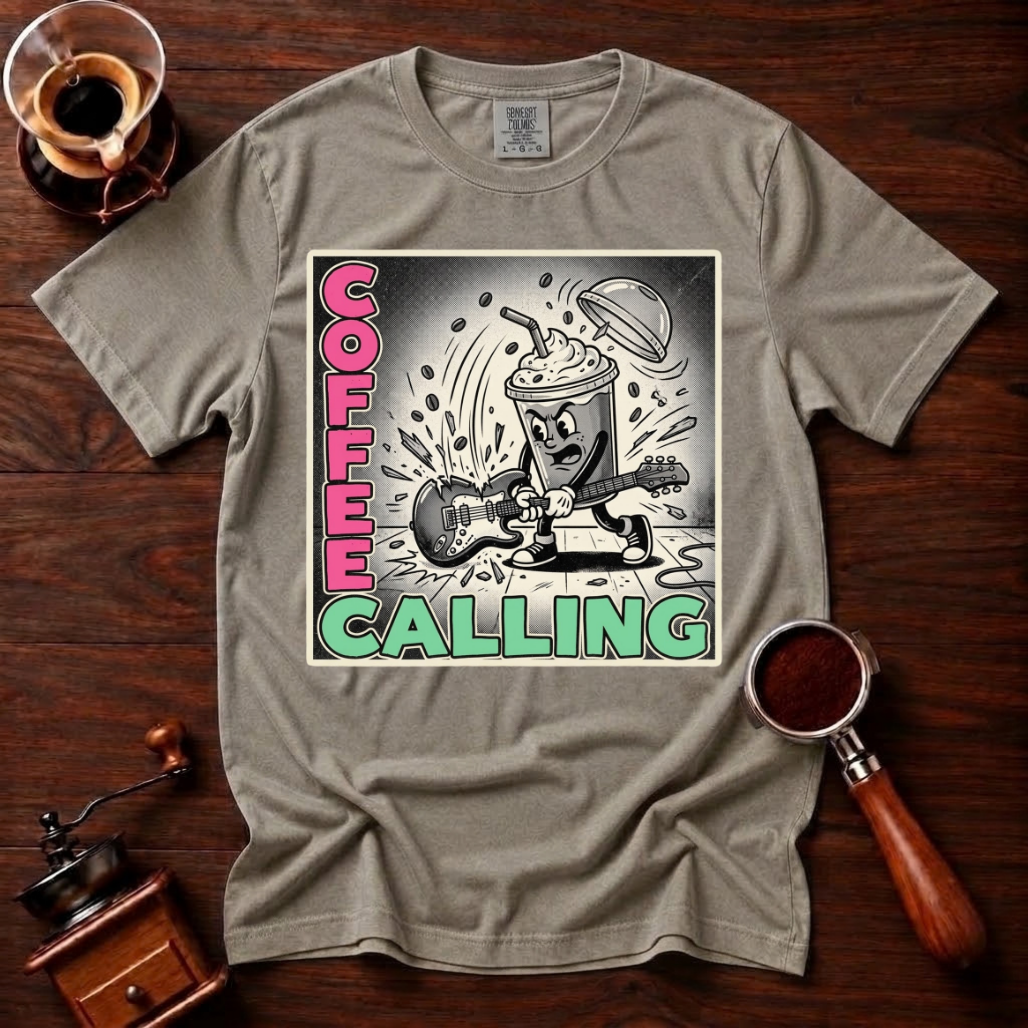 Coffee Calling Shirt, Funny Punk Rock Coffee Tee, Retro Punk Album Parody Shirt, Rock and Roll Coffee Lover Gift, Garment Dyed T-Shirt
