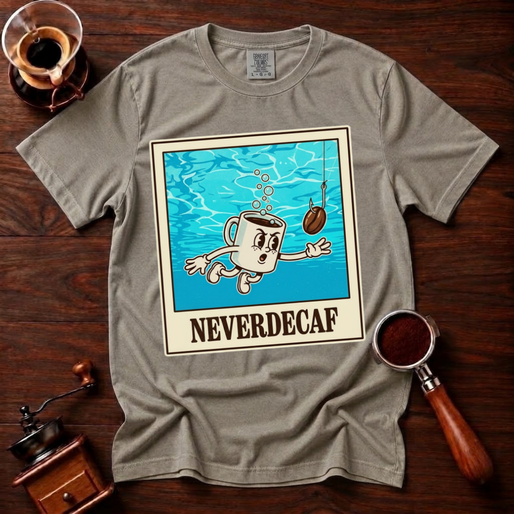 Neverdecaf Shirt, Funny 90s Grunge Coffee Tee, Retro Underwater Coffee Mug Shirt, Alt Rock Coffee Lover Gift, Garment Dyed T-Shirt