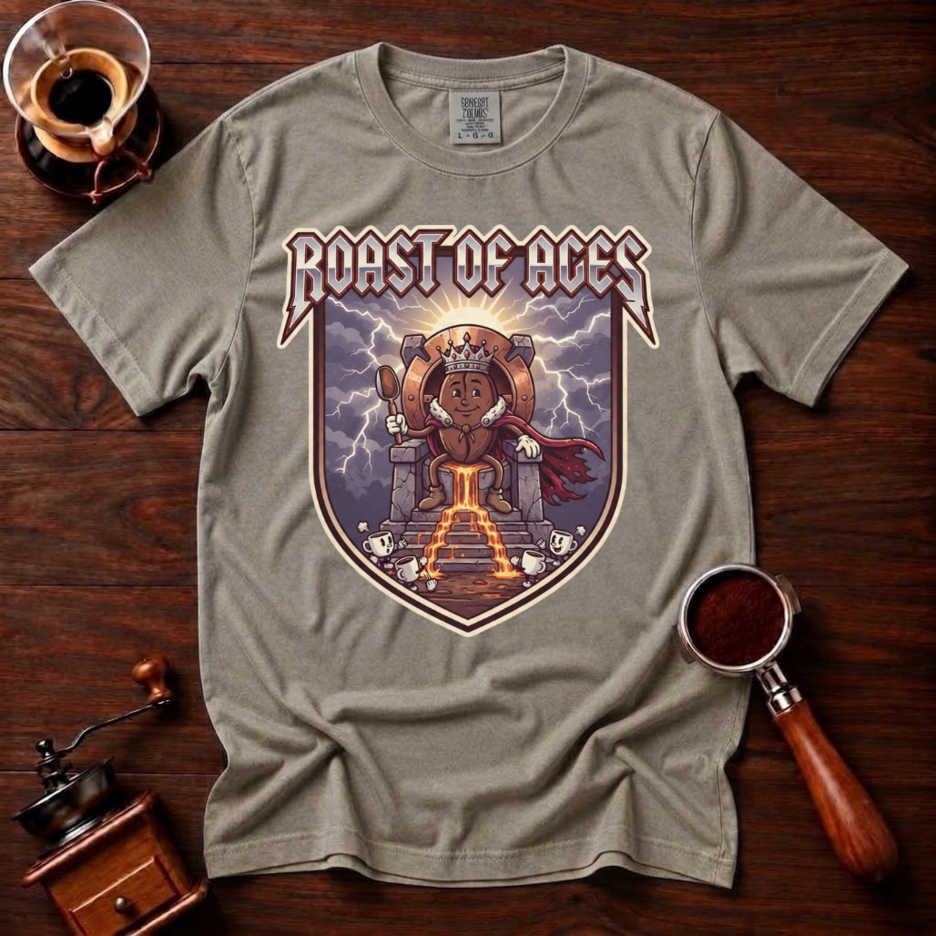 Roast of Ages Shirt, Funny Heavy Metal Coffee Tee, 80s Metal Band Parody Shirt, Rocker Coffee Lover Gift, Vintage Garment Dyed T-Shirt