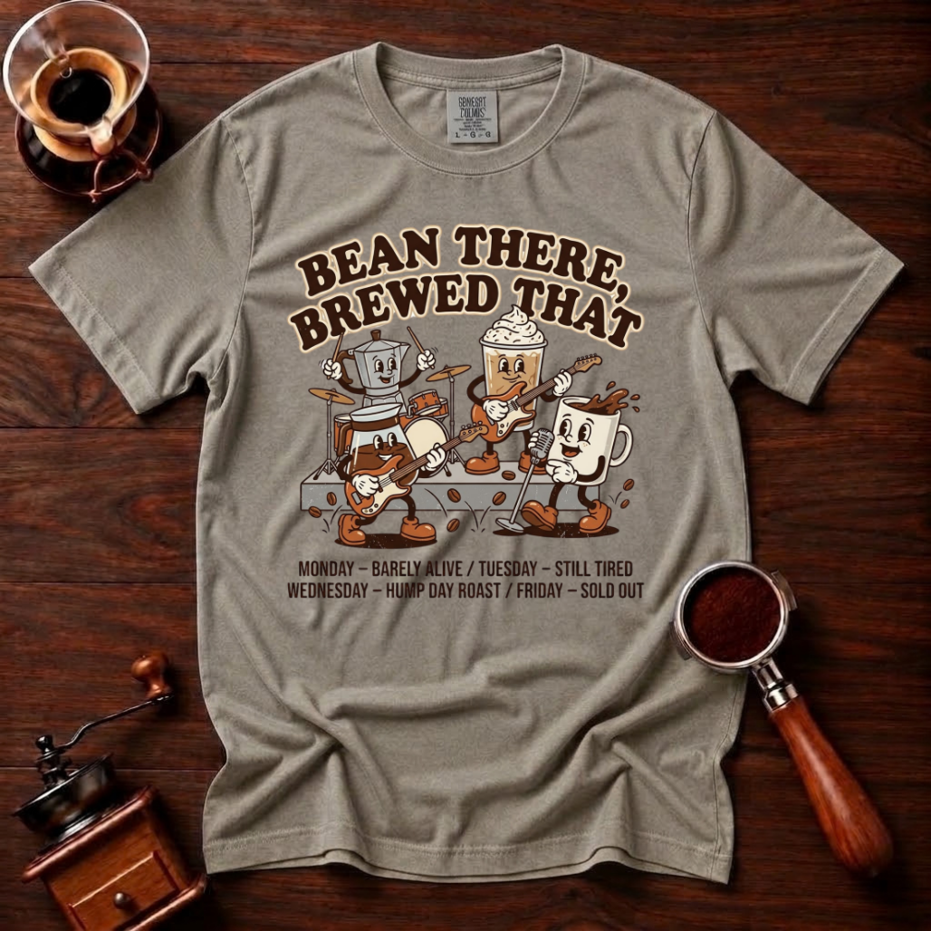 Bean There Brewed That Shirt, Funny Coffee Band Tee, Retro Cartoon Coffee Tour Shirt, Coffee Pun Gift, Vintage Garment Dyed T-Shirt