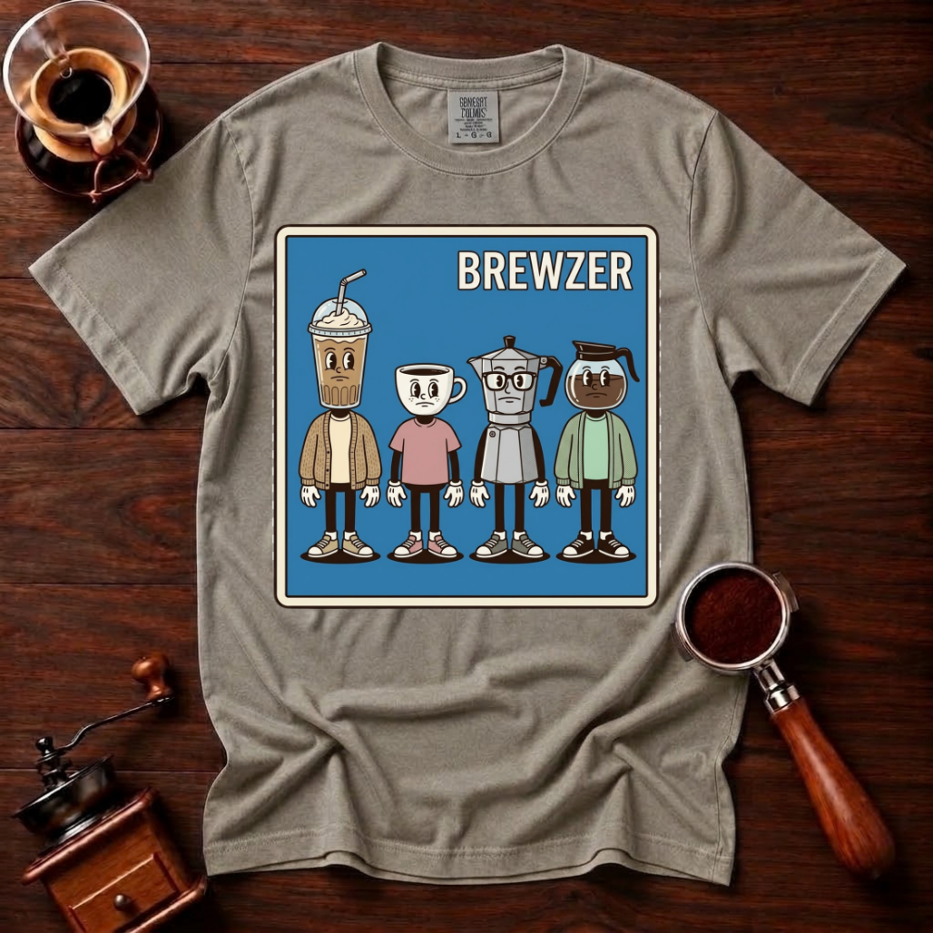 Brewzer Shirt, Nerdy Indie Coffee Tee, 90s Alt Rock Band Parody Shirt, Geeky Coffee Lover Gift, Retro Garment Dyed T-Shirt