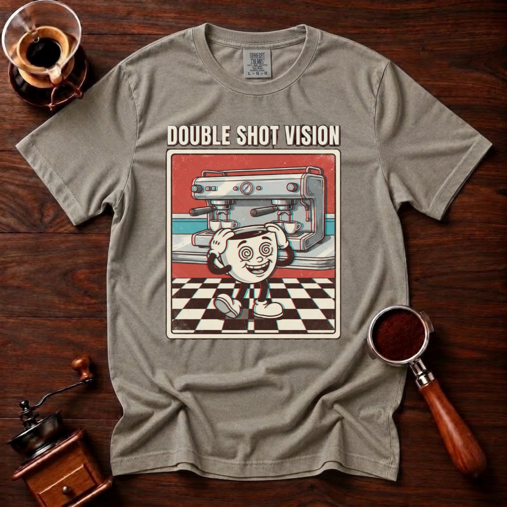 Double Shot Vision Shirt, Retro Cartoon Coffee Tee, Funny Espresso Shirt, Rubber Hose Coffee Lover Gift, Barista Gift, Garment Dyed Tee