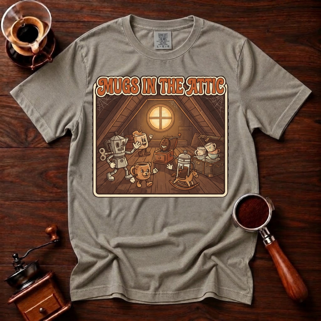 Mugs in the Attic Shirt, Funny Retro Coffee Tee, Bookish Coffee Lover Gift, Vintage Cartoon Mug Shirt, 80s Book Parody, Garment Dyed Tee
