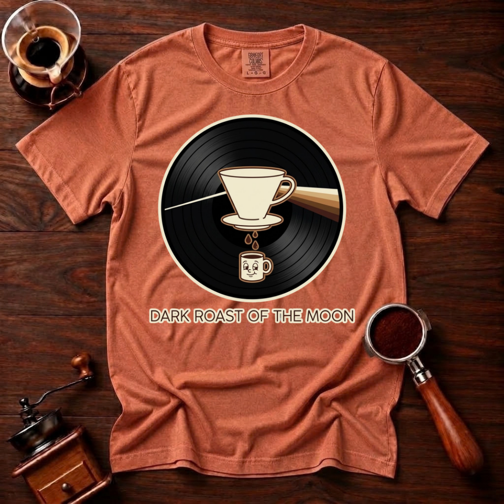 Dark Roast of the Moon Shirt, Pour Over Coffee Tee, 70s Classic Rock Coffee Shirt, Vinyl Record Coffee Lover Gift, Garment Dyed T-Shirt