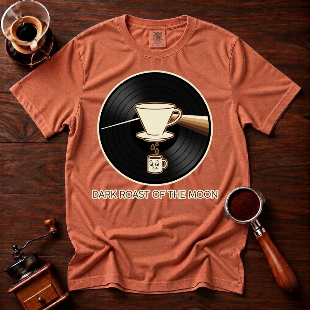 Dark Roast of the Moon Shirt, Pour Over Coffee Tee, 70s Classic Rock Coffee Shirt, Vinyl Record Coffee Lover Gift, Garment Dyed T-Shirt