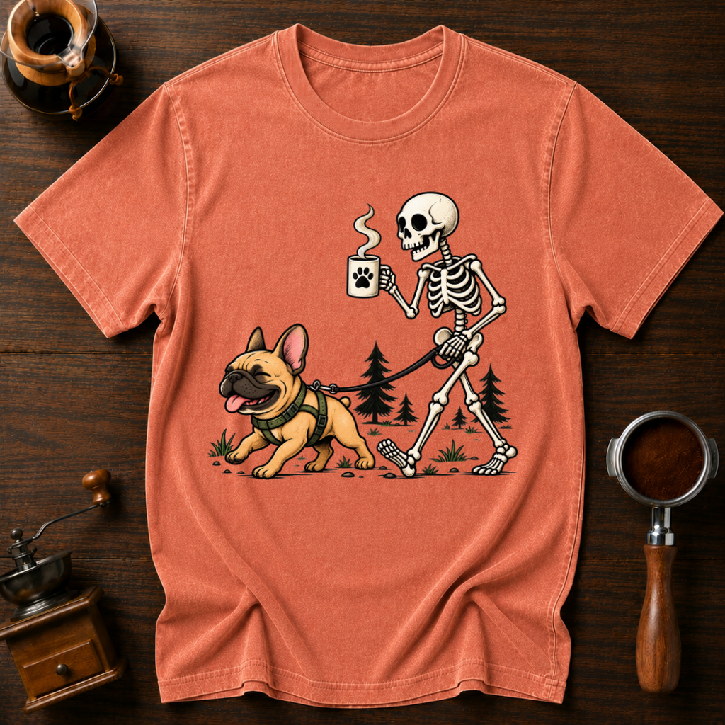 Walking With My Frenchie Shirt, Skeleton Dog Walk Tee, French Bulldog Mom Gift, Funny Coffee Skeleton, Garment Dyed Halloween T-Shirt