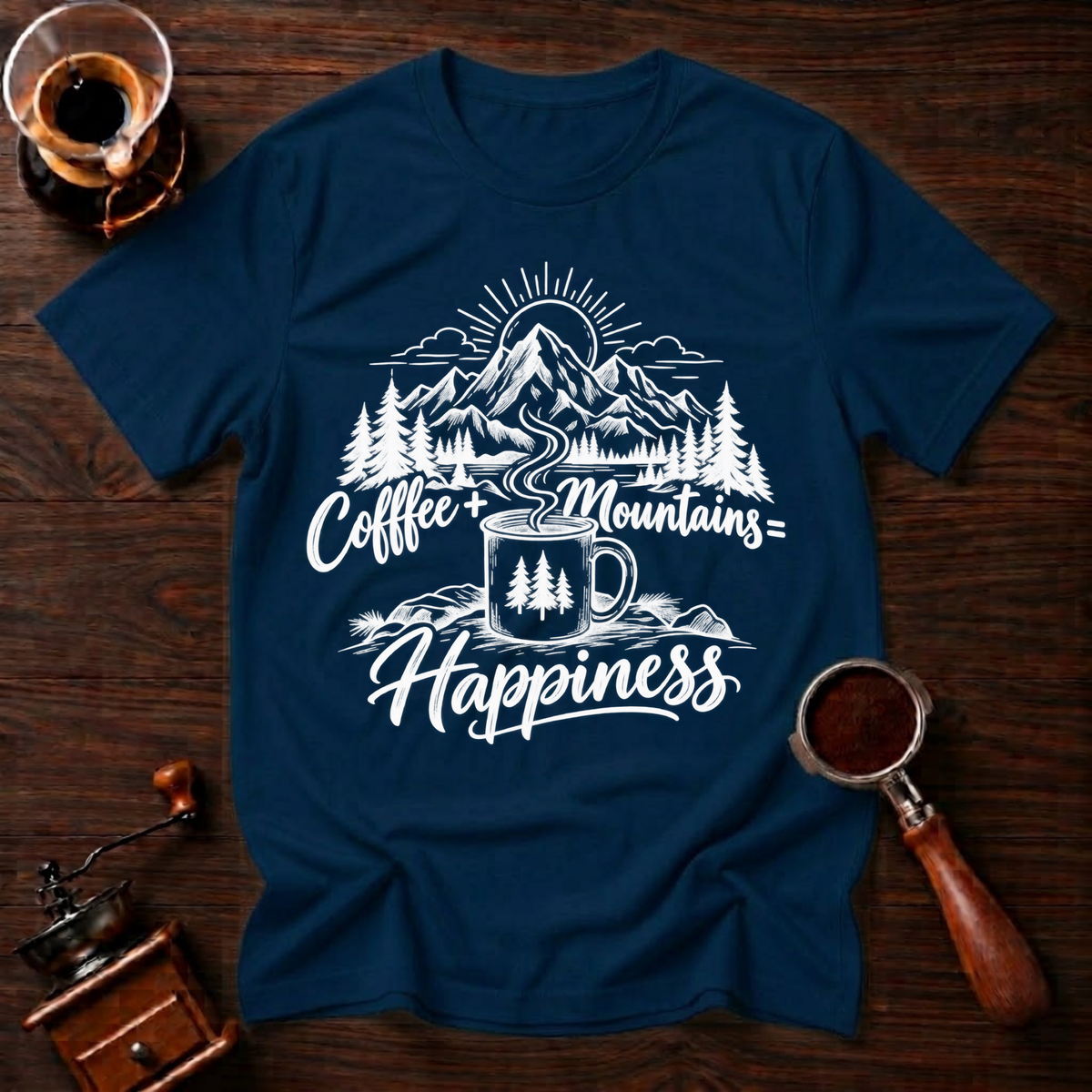 Coffee + Mountains = Happiness White Dyed T-shirt