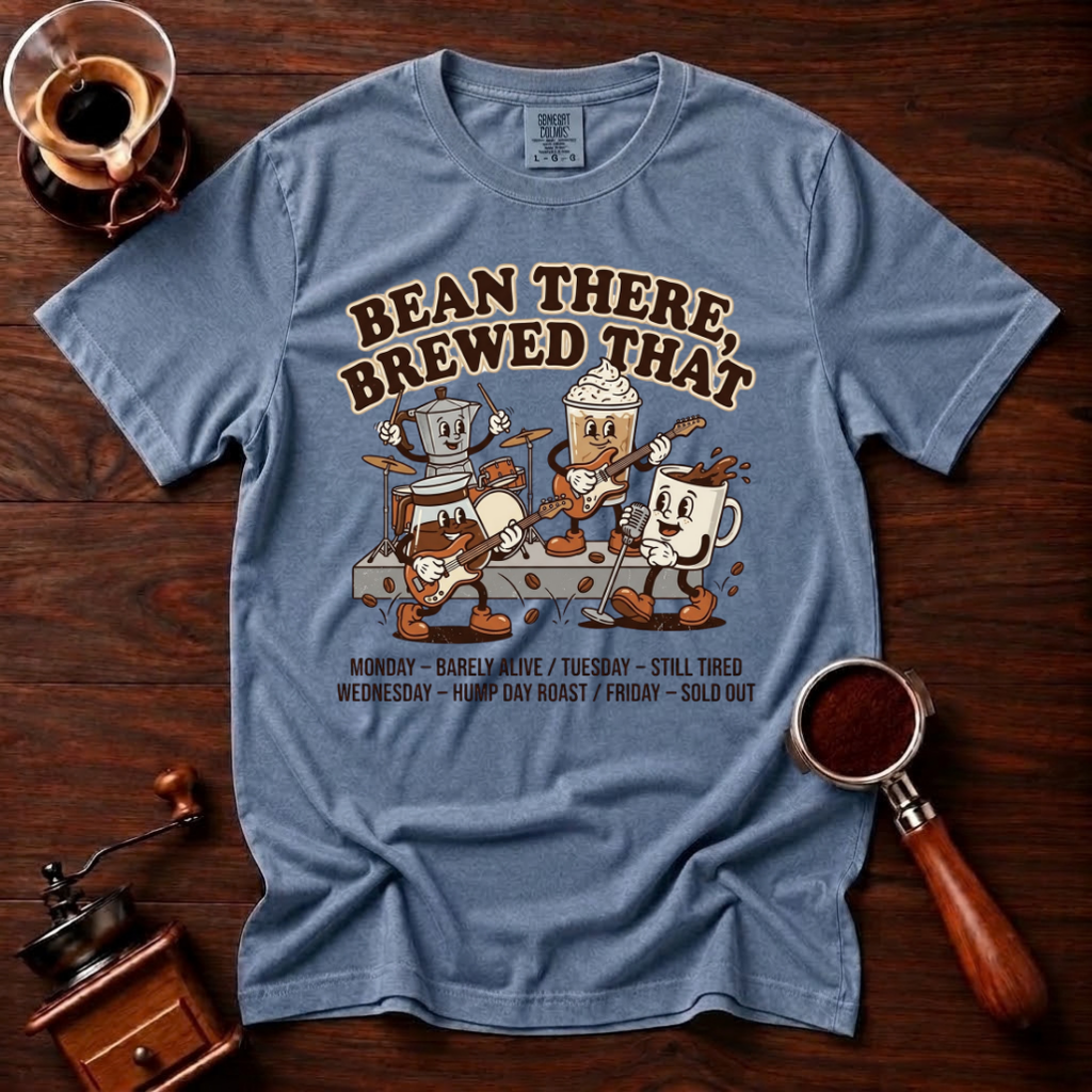 Bean There Brewed That Shirt, Funny Coffee Band Tee, Retro Cartoon Coffee Tour Shirt, Coffee Pun Gift, Vintage Garment Dyed T-Shirt