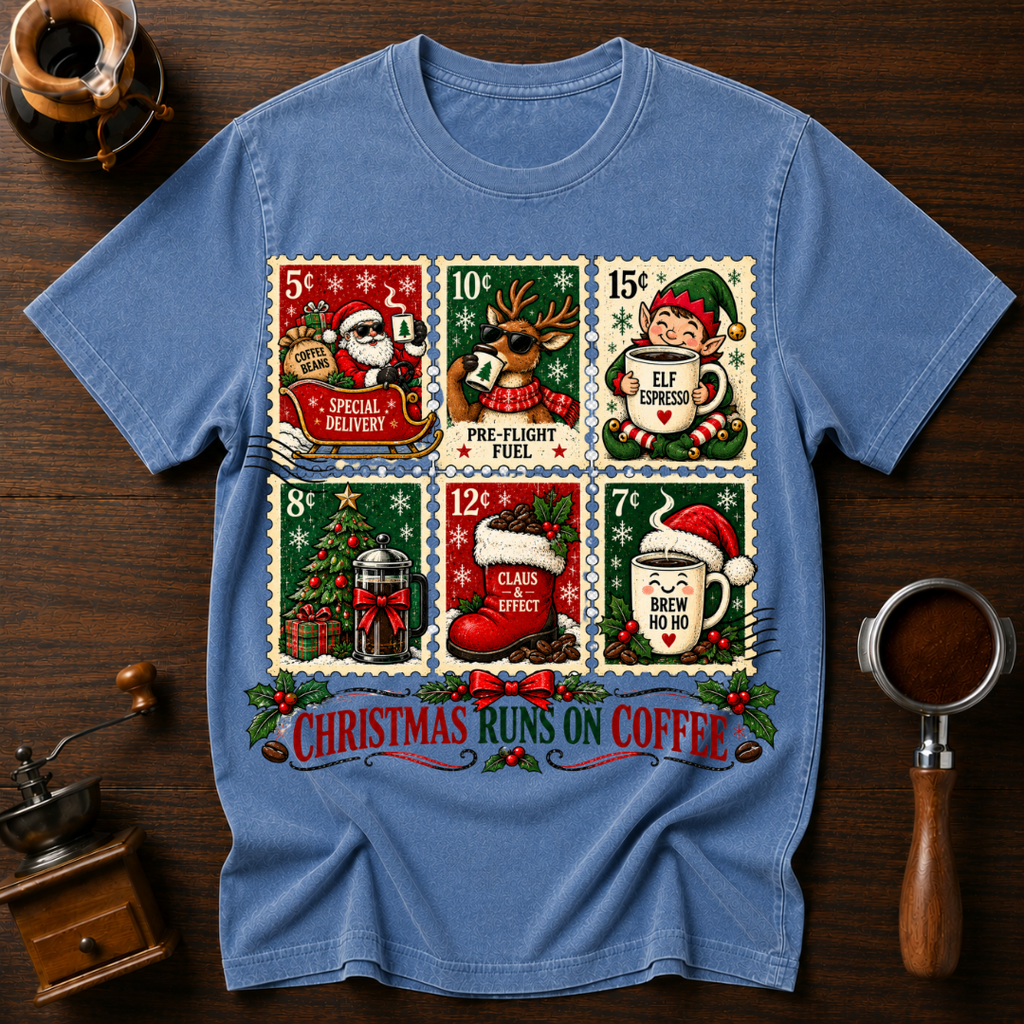 Christmas Runs On Coffee stamp Dyed T-shirt