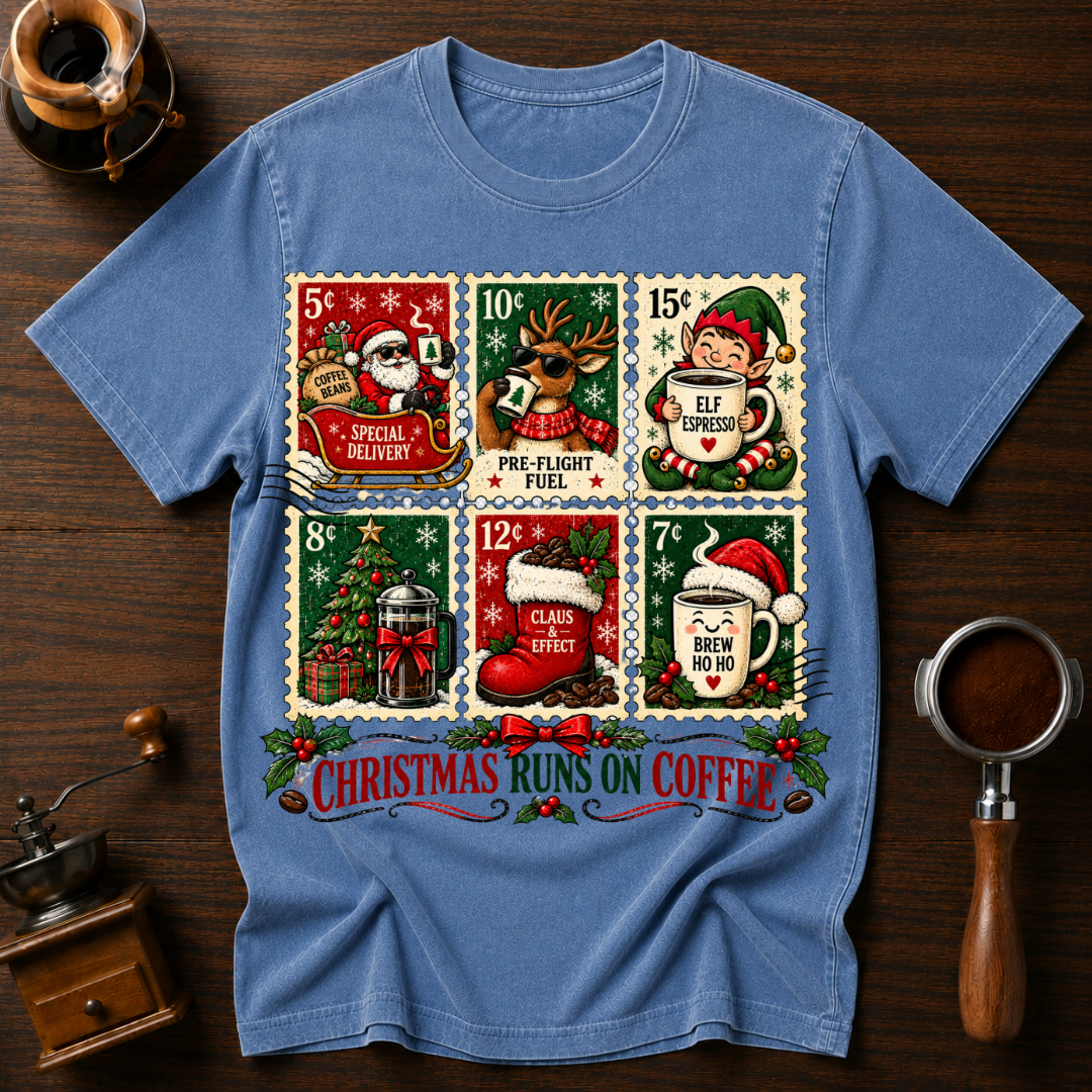 Christmas Runs On Coffee stamp Dyed T-shirt