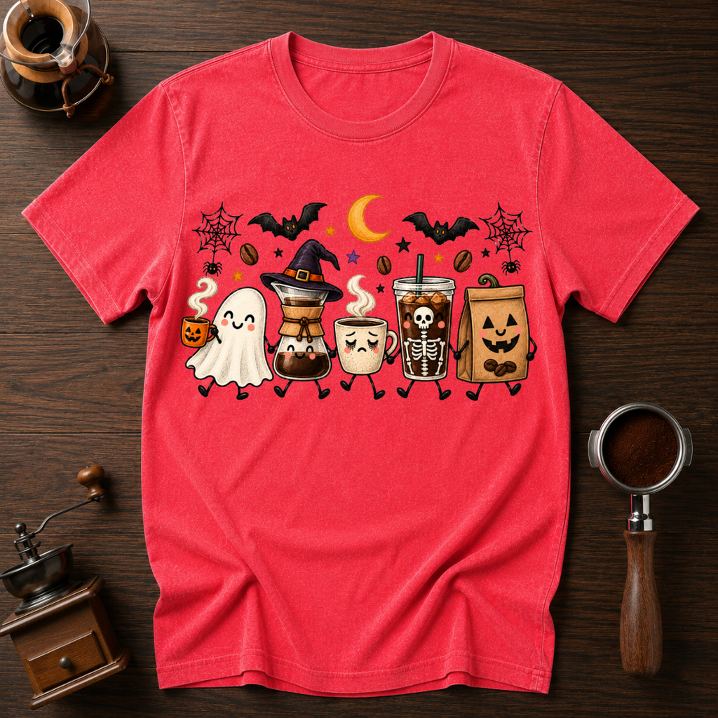 Boo Coffee Lineup Shirt, Cute Halloween Coffee Tee, Ghost Latte Shirt, Spooky Season Coffee Lover Gift, Garment Dyed Fall T-Shirt