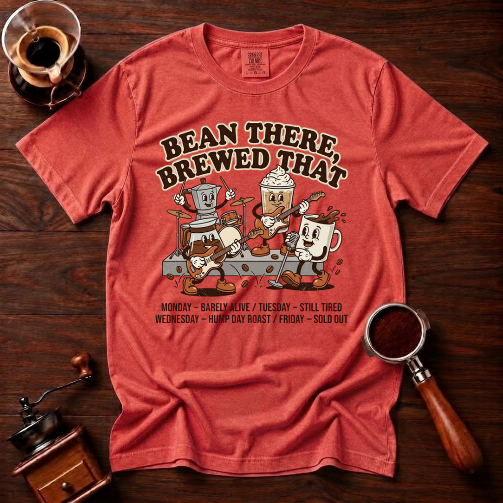 Bean There Brewed That Shirt, Funny Coffee Band Tee, Retro Cartoon Coffee Tour Shirt, Coffee Pun Gift, Vintage Garment Dyed T-Shirt