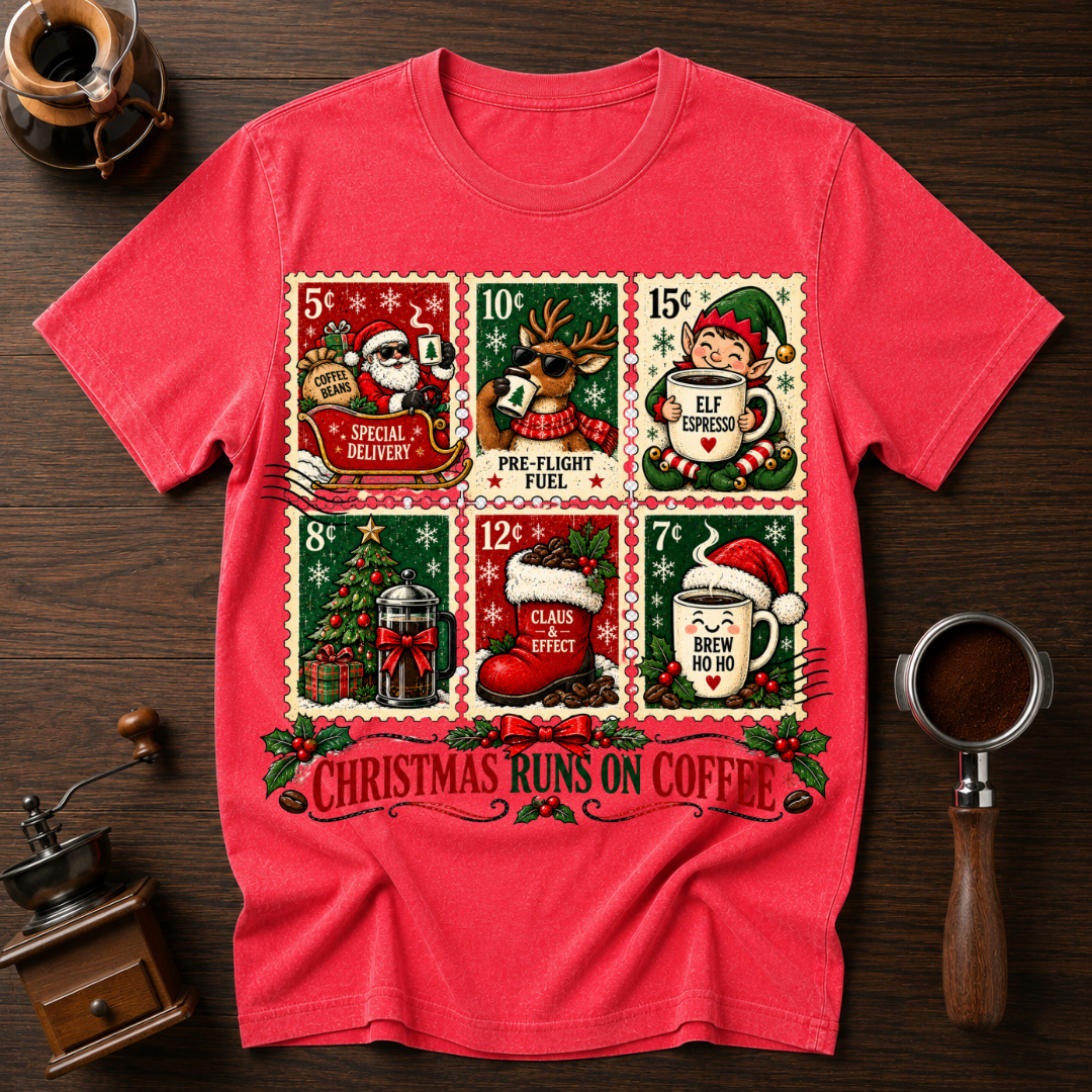 Christmas Runs On Coffee stamp Dyed T-shirt