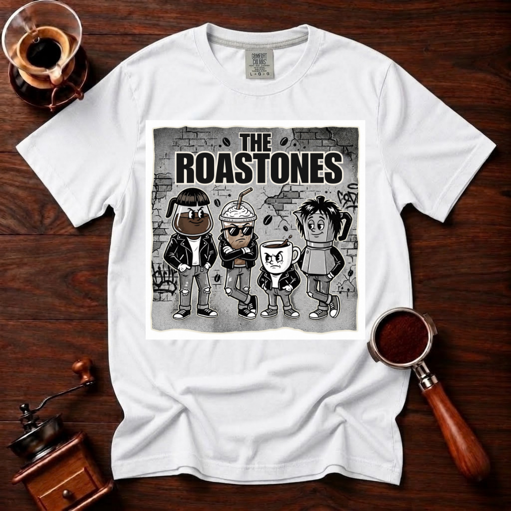 The Roastones Shirt, Funny Coffee Band Tee, Retro Punk Rock Coffee Shirt, 70s Punk Parody, Coffee Lover Gift, Garment Dyed T-Shirt