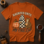 Haunted Until My First Cup Shirt, Retro Ghost Coffee Tee, Leopard Cat Halloween Shirt, Fall Coffee Lover Gift, Garment Dyed T-Shirt
