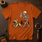Walking With My Frenchie Shirt, Skeleton Dog Walk Tee, French Bulldog Mom Gift, Funny Coffee Skeleton, Garment Dyed Halloween T-Shirt
