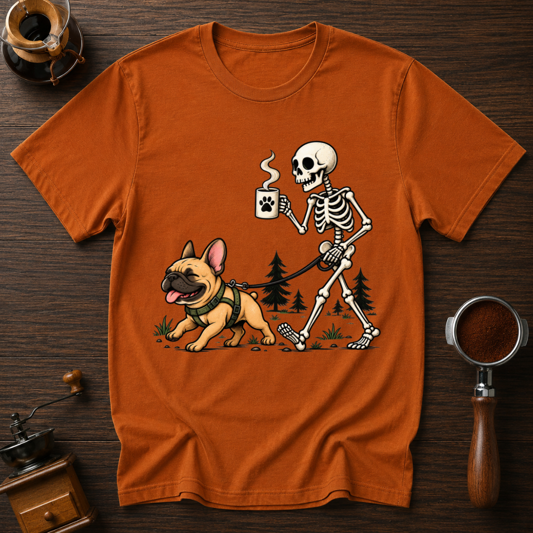 Walking With My Frenchie Shirt, Skeleton Dog Walk Tee, French Bulldog Mom Gift, Funny Coffee Skeleton, Garment Dyed Halloween T-Shirt