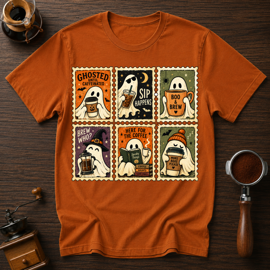 Ghosted Until Caffeinated Shirt, Vintage Ghost Stamp Tee, Halloween Coffee Lover Shirt, Retro Spooky Season Gift, Garment Dyed T-Shirt