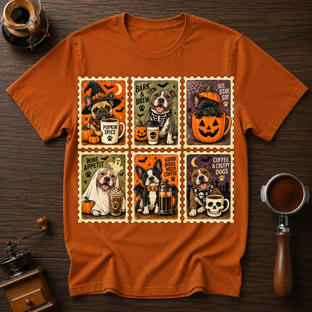 Coffee and Creepy Dogs Shirt, Vintage Halloween Dog Stamp Tee, Dog Mom Coffee Lover Gift, Spooky Dog Costume Shirt, Garment Dyed T-Shirt