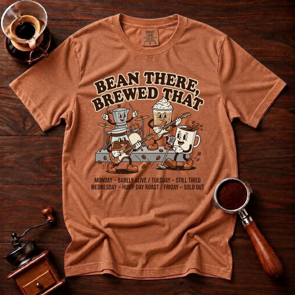 Bean There Brewed That Shirt, Funny Coffee Band Tee, Retro Cartoon Coffee Tour Shirt, Coffee Pun Gift, Vintage Garment Dyed T-Shirt