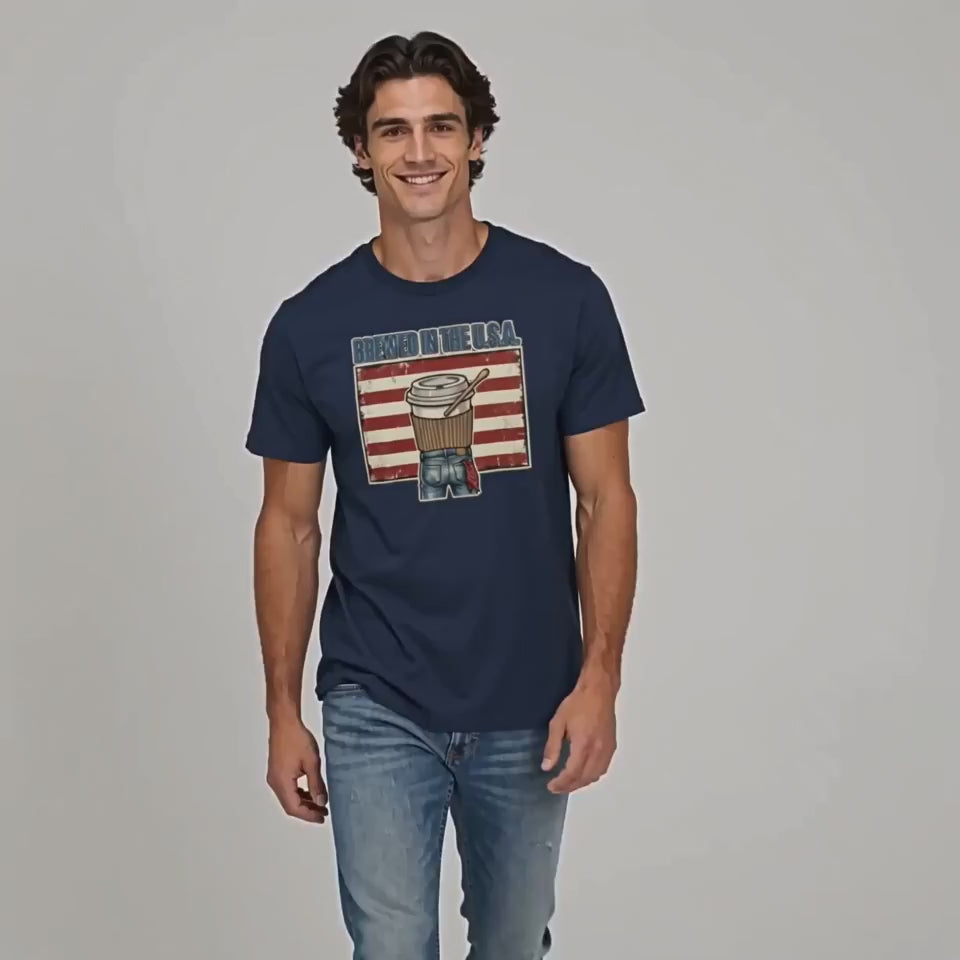 Brewed In The USA Shirt, Funny Patriotic Coffee Tee, 4th of July Coffee Shirt, American Flag Coffee Lover Gift, Retro Garment Dyed Tee